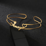 Auxauxme Personalized Name Heart Crown Bangle - Stainless Steel Golden
