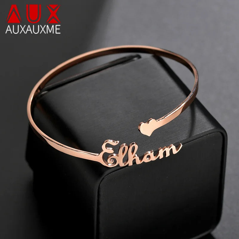 Auxauxme 3mm Heart Name Bangle for Women, Adjustable, Birthday Party