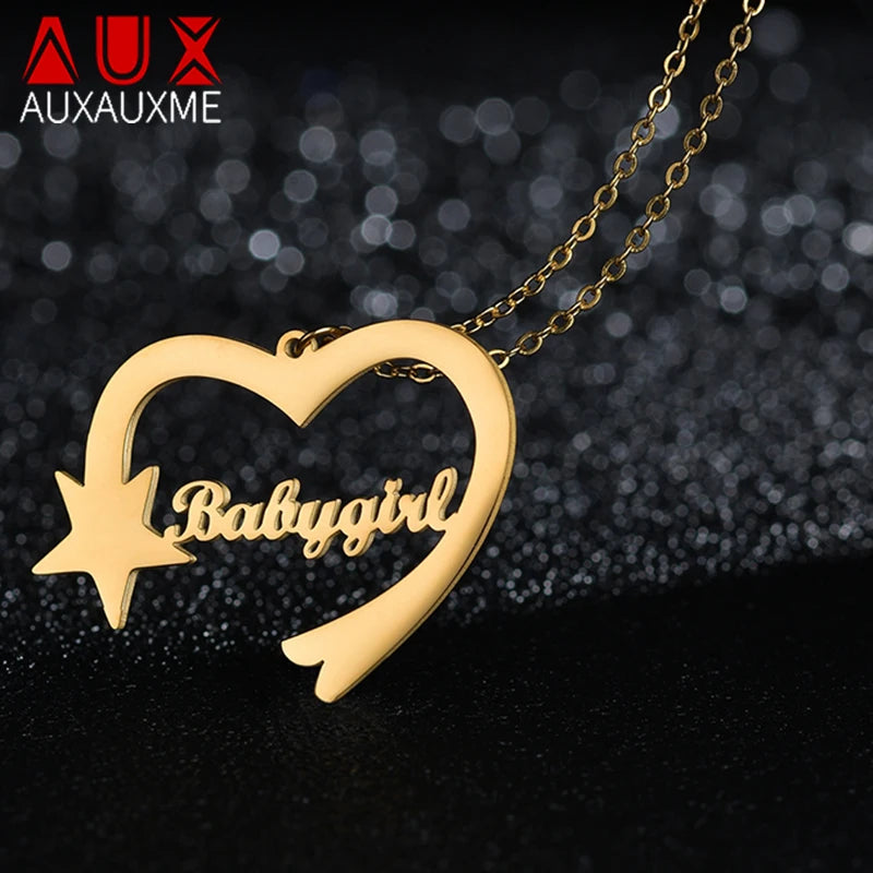 Personalized Star Heart Name Necklace, Stainless Steel Nameplate Jewelry