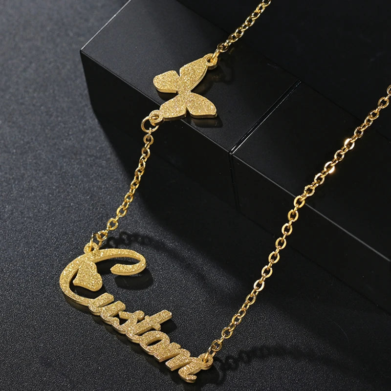 Shining Butterfly Name Necklace Matte Stainless Steel Heart Font Women Pendant