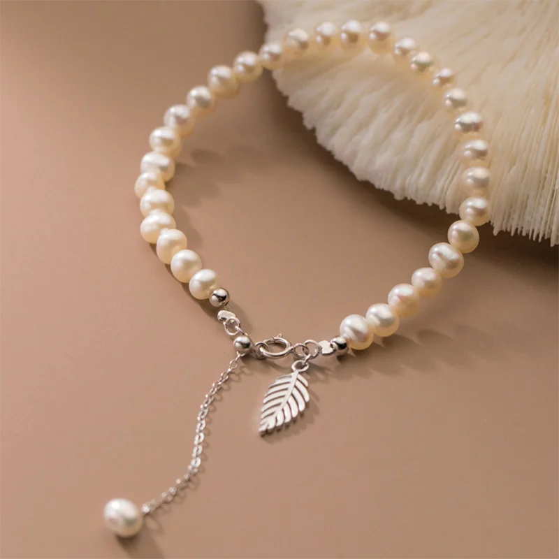 925 Silver Vintage Pearl Leaf Charm Bracelet Women Statement Bangle