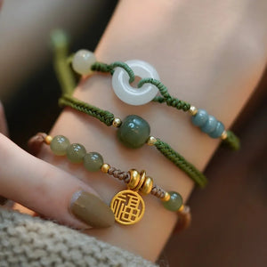 Natural Hetian Jade Lucky Charm Braided Bracelets for Women Girls