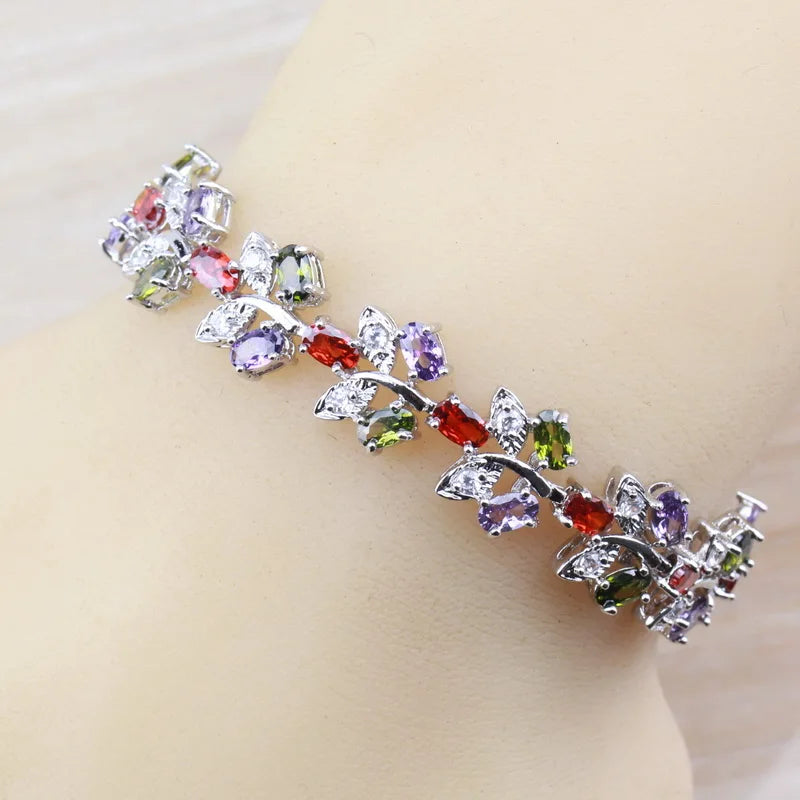 Colorful Multi-Color Gems Silver Bracelet Health Jewelry For Women