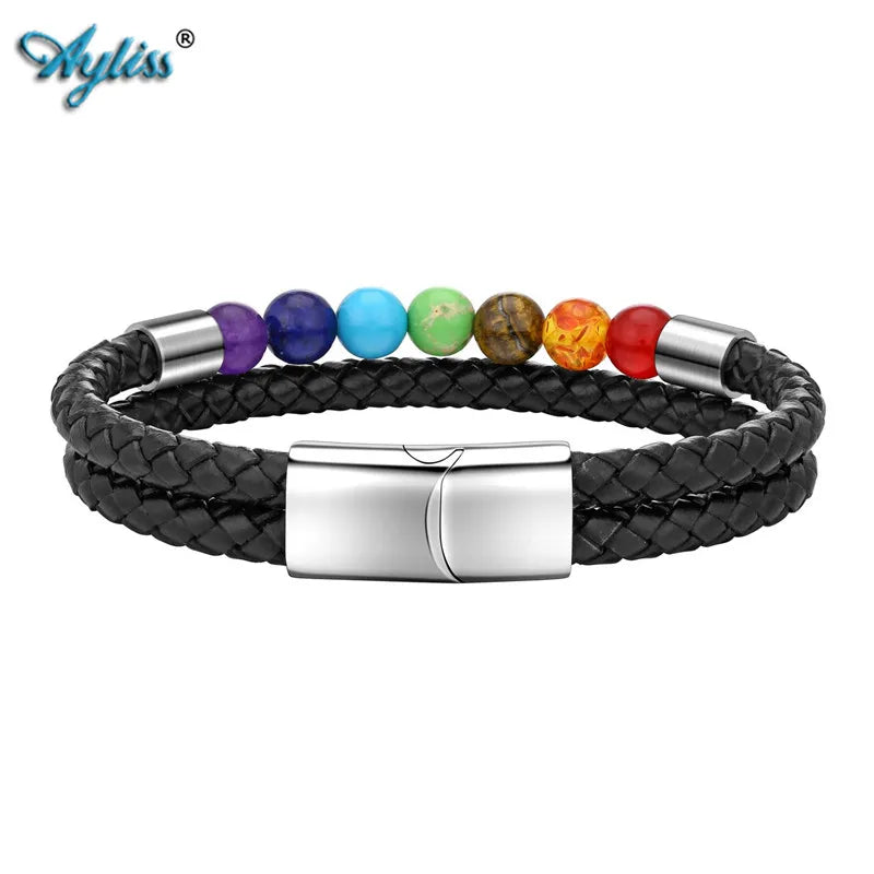 Natural Stone Beaded Bracelet with Double Wrap Leather Yoga Bead Bracelet