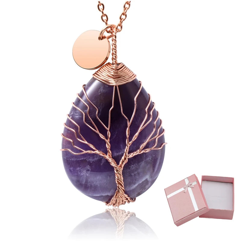 Tree of Life Gemstone Teardrop Pendant Necklace