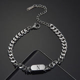Stainless Steel Oval Bracelet Initial Alphabet Charms Cuban Chain