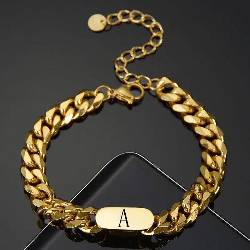 Stainless Steel Oval Bracelet Initial Alphabet Charms Cuban Chain