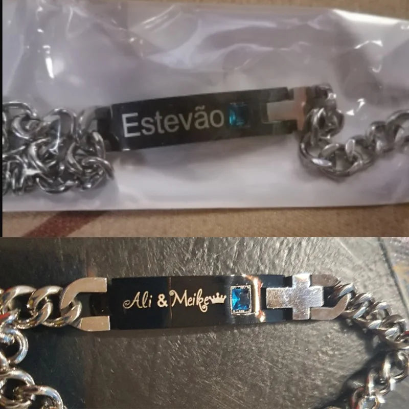 Stainless Steel Engraved Nameplate Couple Chain Bracelet
