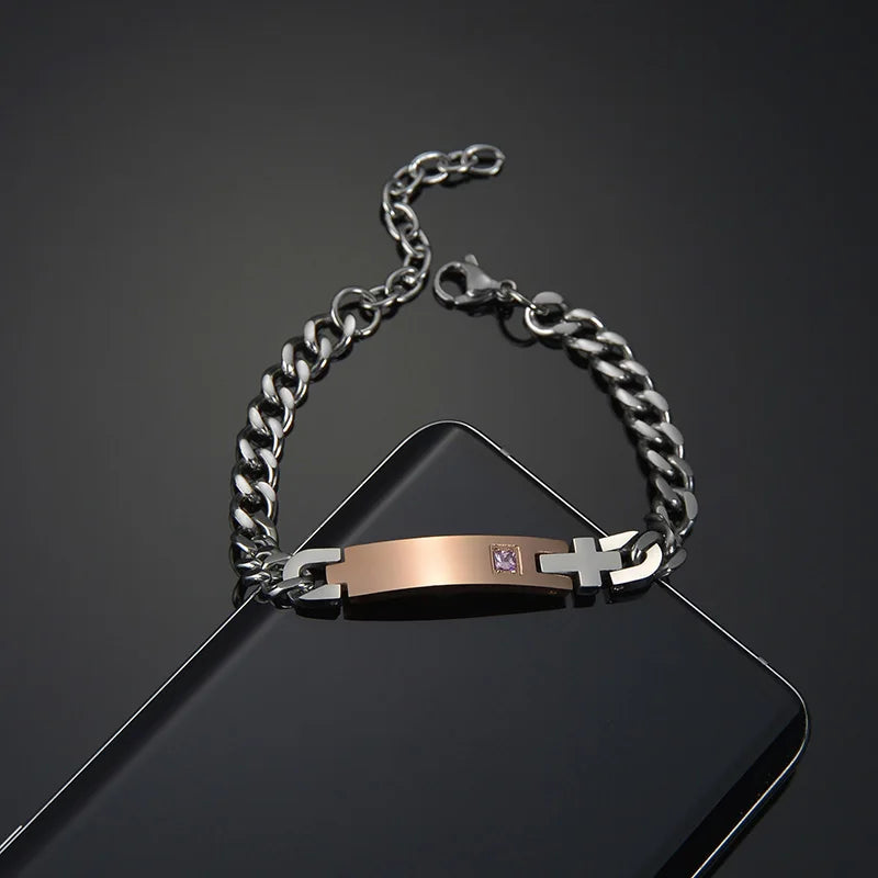 Stainless Steel Engraved Nameplate Couple Chain Bracelet