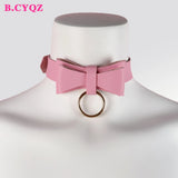 Pink Goth Choker Bowknot Leather Collar