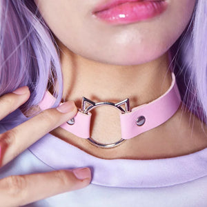 Harajuku Necklace PU Leather Neck Metal Ring Choker Lady Gothic Punk