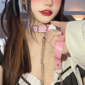 Bra Pink PU Leather Necklace Metal Chain Bell Choker