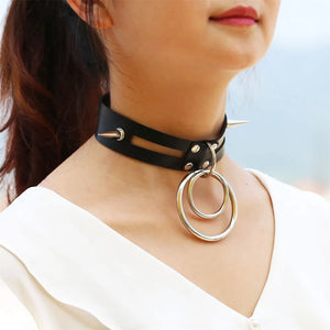 One Piece Leather Choker Necklace O-ring Pendant Riveted Collar Punk Jewelry