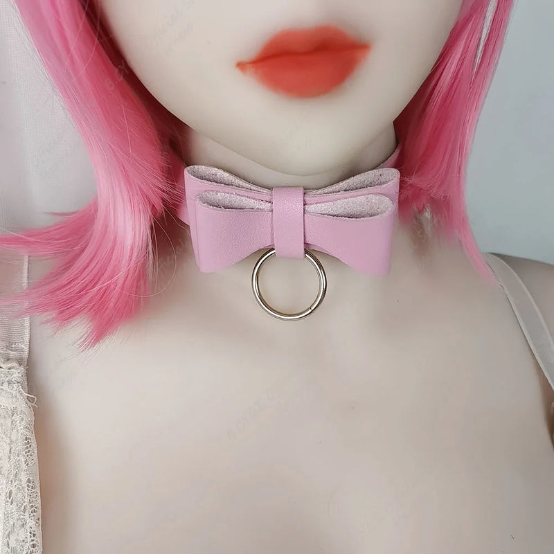 Pink Leather BowKnot Choker Necklace Collar Gothic Punk Chocker Goth Clothing