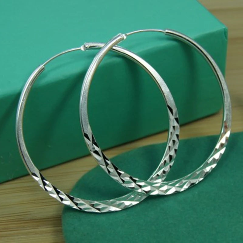 925 Silver Glitter Circle Hoop Earrings Wedding Engagement Party Jewelry