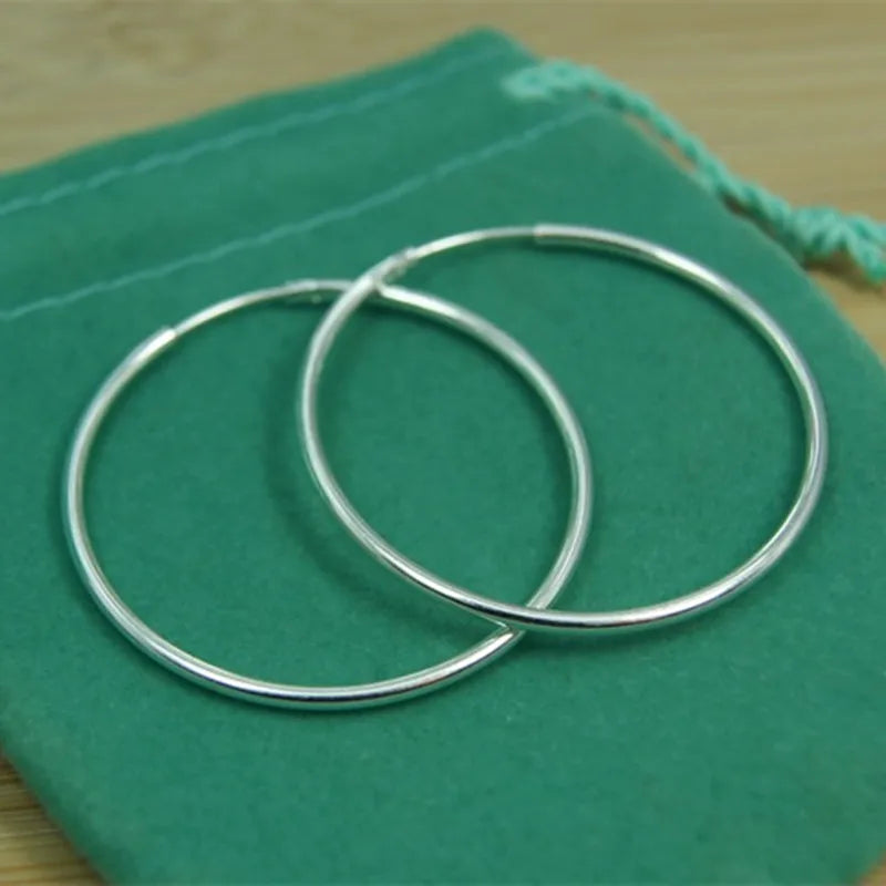925 Silver Round Circle 35/50mm Hoop Earrings Wedding Engagement Party Jewelry