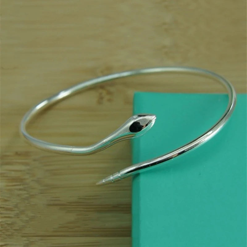 925 Silver Snake Open Bangle Jewelry Women Gift