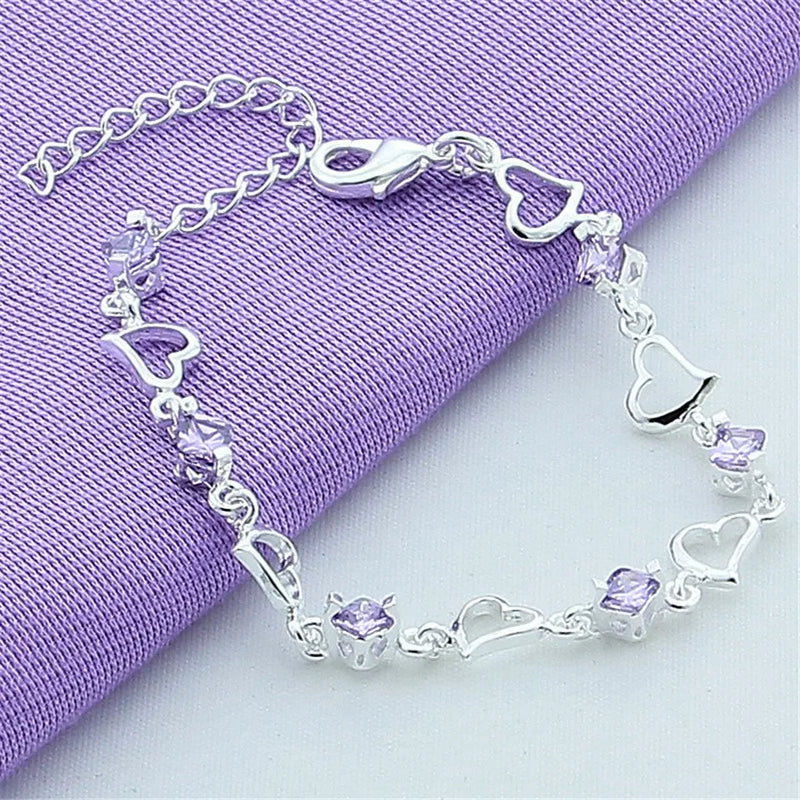 925 Silver Bracelet Heart Purple Crystal Zircon Bracelet Jewelry