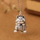 Vintage Distressed Sterling Silver Lucky Cat Pendant