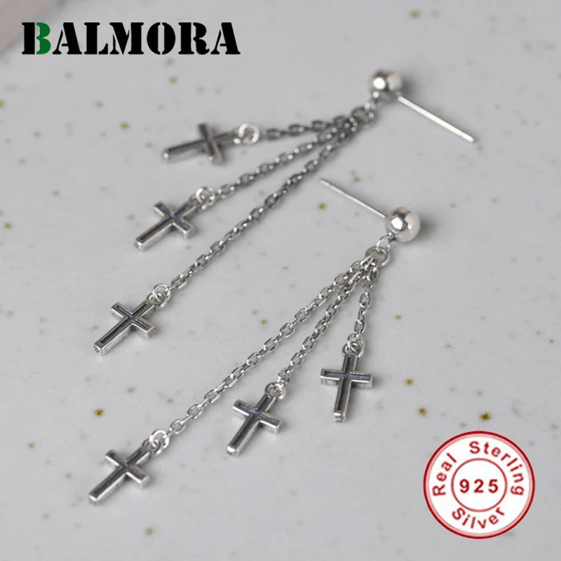 925 Silver Tassel Cross Earring Vintage Ear Stud Jewelry