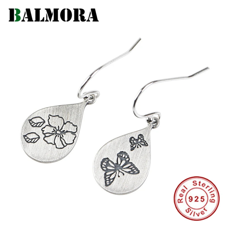 925 Silver Flowers Butterfly Earring Women Dangle Retro Jewelry Gift