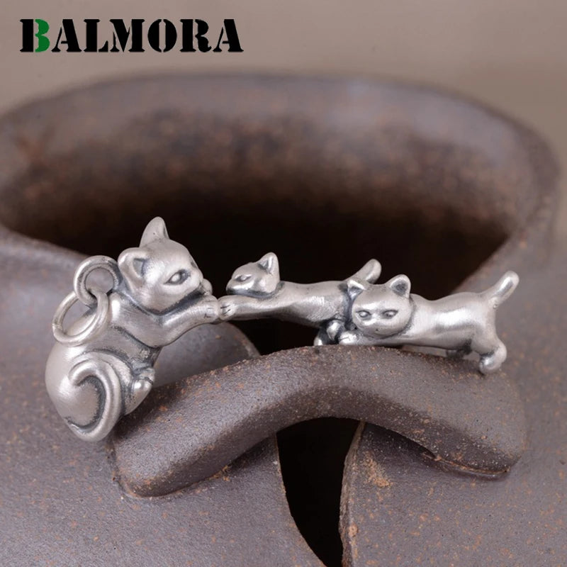 990 Pure Silver Cat Pendant Retro Animal Jewelry Gift