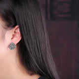 925 Sterling Silver Clip Earrings Retro Rose Flower Jewelry Brincos