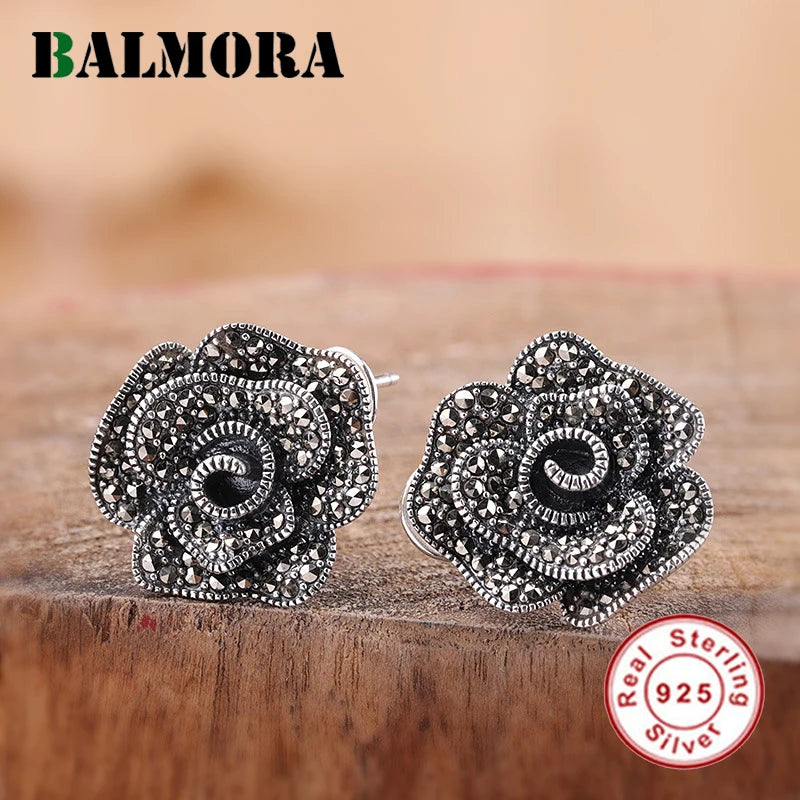 925 Sterling Silver Clip Earrings Retro Rose Flower Jewelry Brincos