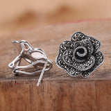 925 Sterling Silver Clip Earrings Retro Rose Flower Jewelry Brincos