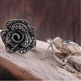 925 Sterling Silver Clip Earrings Retro Rose Flower Jewelry Brincos