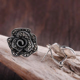 925 Sterling Silver Clip Earrings Retro Rose Flower Jewelry Brincos