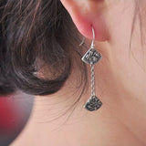925 Sterling Silver Plant Earring Vintage Plum Bamboo Long Drop Jewelry