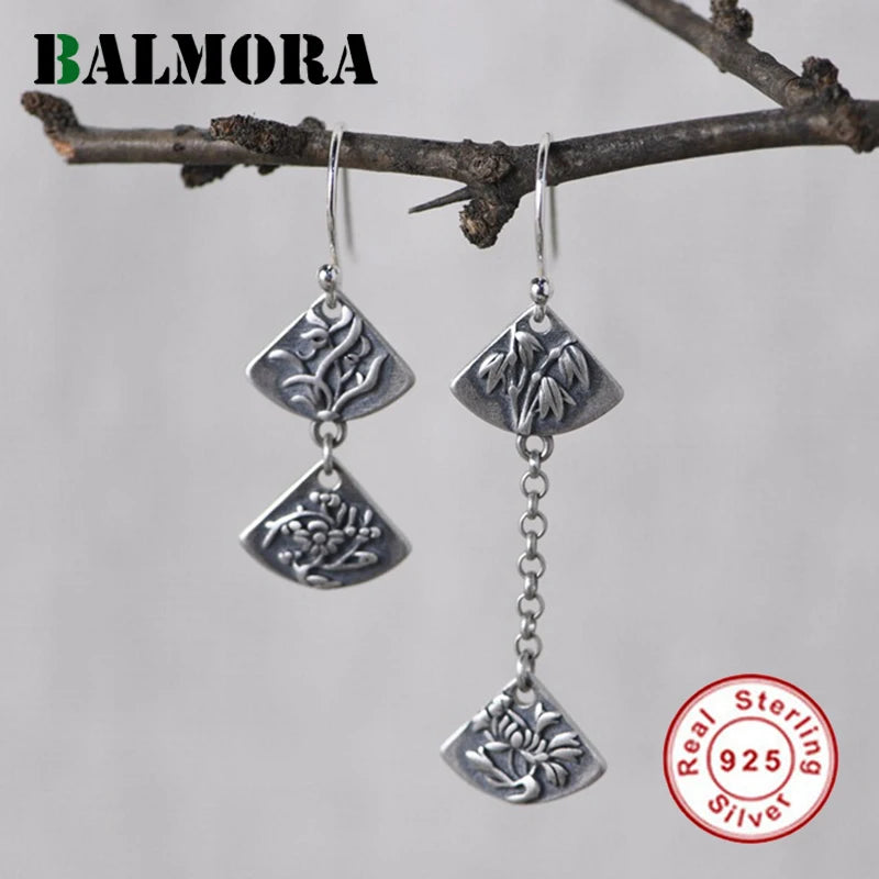 925 Sterling Silver Plant Earring Vintage Plum Bamboo Long Drop Jewelry