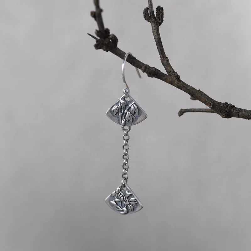 925 Sterling Silver Plant Earring Vintage Plum Bamboo Long Drop Jewelry