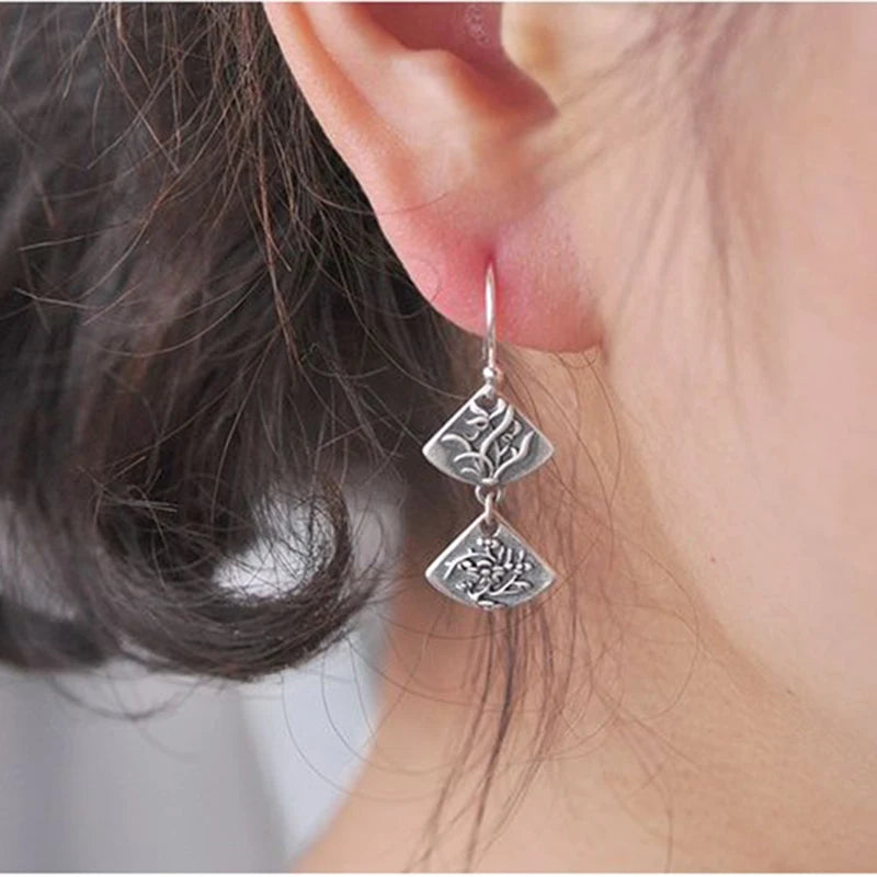 925 Sterling Silver Plant Earring Vintage Plum Bamboo Long Drop Jewelry