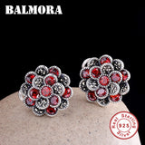 925 Silver Red Zircon Clip Earrings Retro Flower Jewelry Brincos