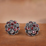 925 Silver Red Zircon Clip Earrings Retro Flower Jewelry Brincos