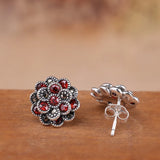 925 Silver Red Zircon Clip Earrings Retro Flower Jewelry Brincos
