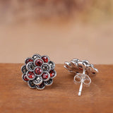 925 Silver Red Zircon Clip Earrings Retro Flower Jewelry Brincos