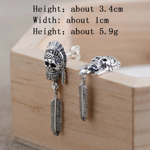 925 Sterling Silver Skull Earring Retro Tassel Ear Loop Dangler Stud Jewelry