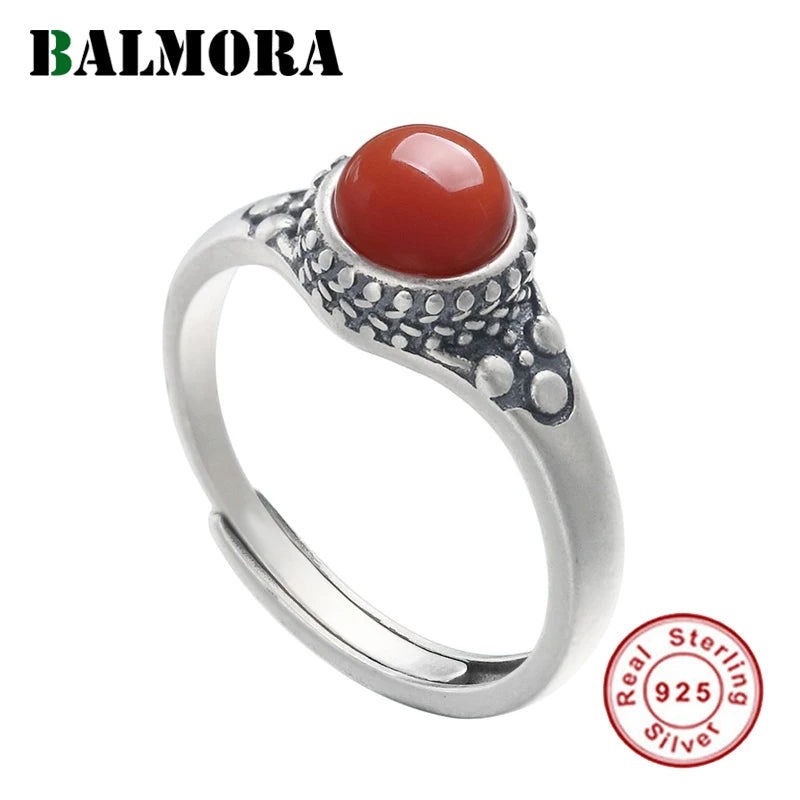925 Sterling Silver Red Carnelian Resizable Ring Retro Jewelry