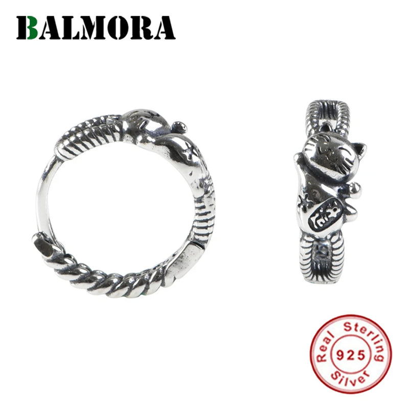 925 Sterling Silver Lucky Cat Earrings for Women Girl Retro Round Daily Jewelry