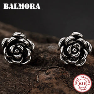 925 Silver Rose Flower Stud Earrings Retro Ethnic Jewelry Brincos
