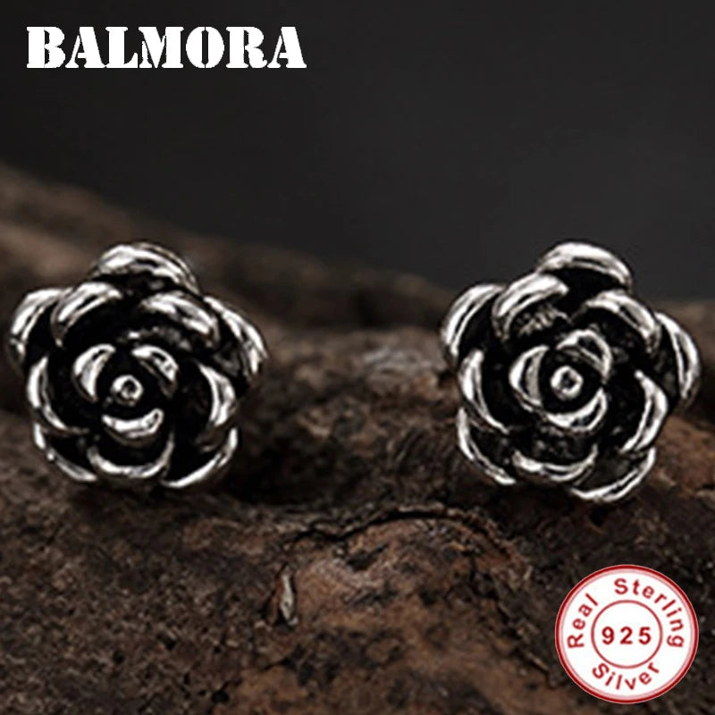 925 Silver Rose Flower Stud Earrings Retro Ethnic Jewelry Brincos