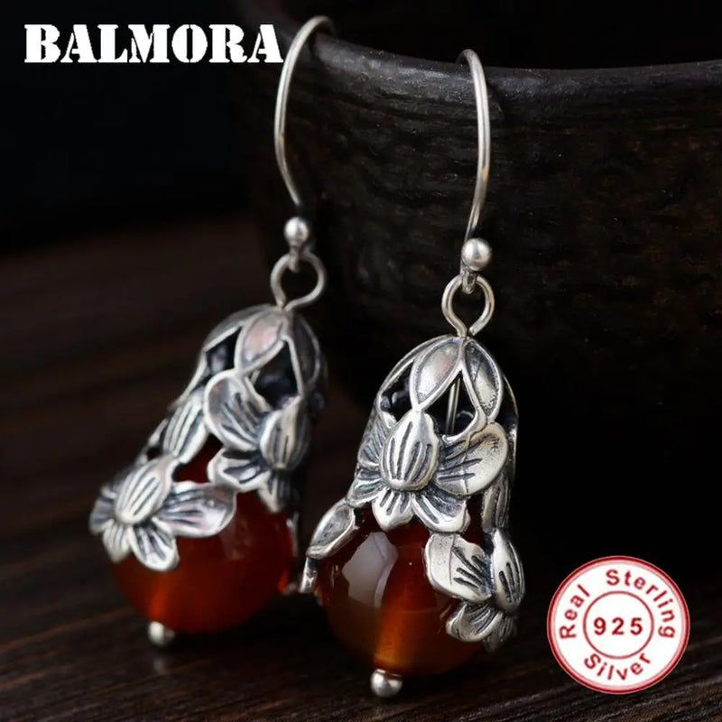925 Silver Flower Drop Earrings Women Retro Thai Silver Brincos