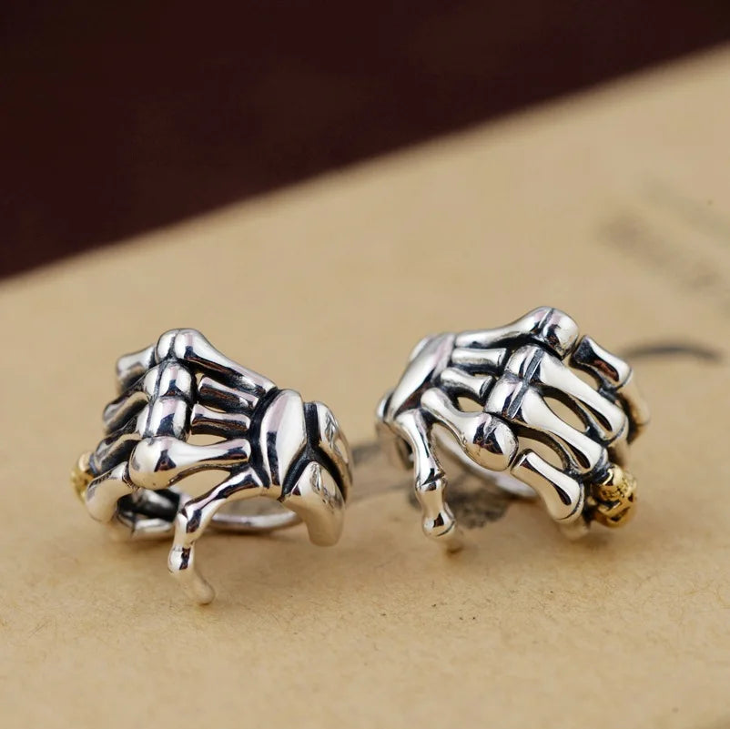 925 Silver Hand & Skull Clip Earrings Vintage Style