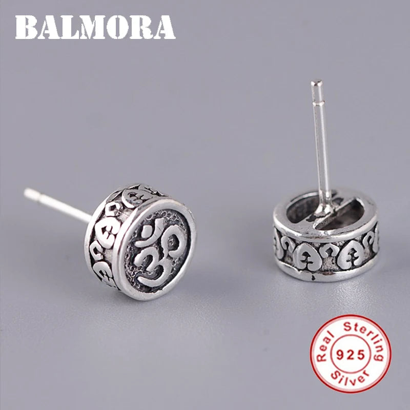 925 Silver Six-Word Sutra Stud Earrings Retro Punk Brincos