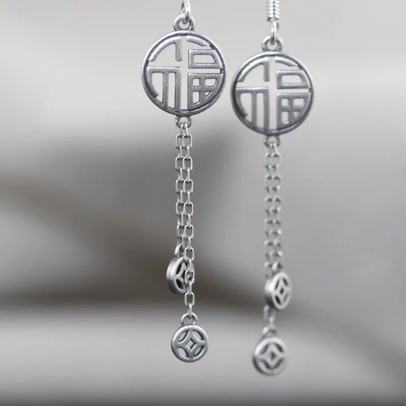 925 Silver Tassel Earring Vintage Coins Lucky Drop Jewelry