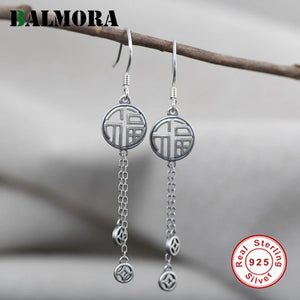 925 Silver Tassel Earring Vintage Coins Lucky Drop Jewelry