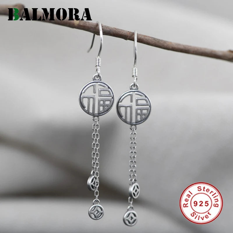 925 Silver Tassel Earring Vintage Coins Lucky Drop Jewelry